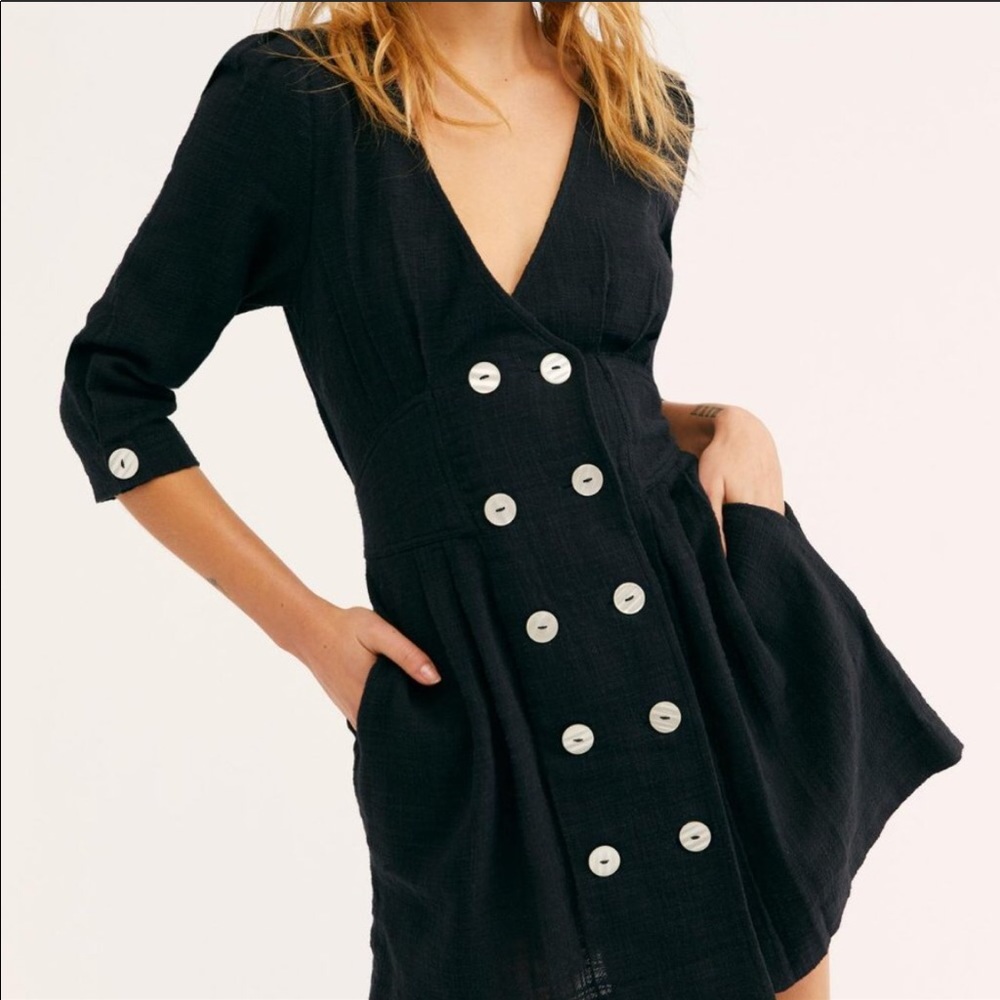 NWT! Free People Black Madeline Mini Dress Button